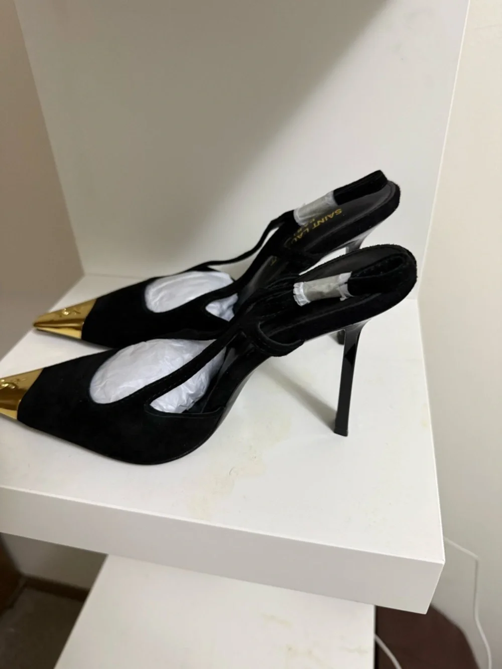 Saint Laurent Black Suede Slingback Pumps with Gold Toe Caps - Picture 4 of 4